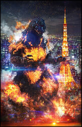  burning_godzilla cheung_chung_tat city destruction dinosaur embers epic fire giant_monster glowing glowing_eyes godzilla godzilla_(series) kaijuu monster mutant night red_eyes smoke steam toho_(film_company) 