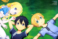  2boys absurdres alice_zuberg apron arms_behind_head black_hair black_shirt blonde_hair blue_dress blue_eyes blue_shirt blush dress eugeo female frilled_apron frills grass green_eyes grey_eyes hayakawa_asami highres kirito long_hair looking_at_another lying magazine_request multiple_boys nakano_naomi official_art on_side print_shirt scan shirt smile sword_art_online sword_art_online:_alicization tanaka_naoko watanabe_keito white_apron 