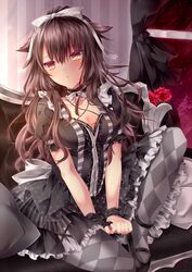  argyle_clothes argyle_legwear bad_id bad_pixiv_id blush breasts brown_eyes brown_hair choker cleavage female flower frilled_skirt frills hair_ribbon long_hair looking_at_viewer medium_breasts original pantyhose pillow polka_dot ribbon sitting skirt solo tetsu_tissue v_arms 