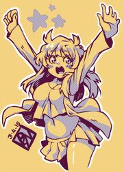  arms_up babydoll_t-shirt blush_stickers breasts cleavage commentary cowboy_shot crop_top cropped_shirt dated english_commentary female jacket long_hair long_sleeves lowres midriff monochrome navel open_mouth original outline pleated_skirt poch4n skirt solo standing star_(symbol) yellow_background yellow_theme 