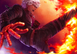  1boy absurdres biker_clothes clenched_hand commentary_request crop_top cropped_jacket cross dark-skinned_male dark_skin fingerless_gloves fire food_fighter_441 gloves highres jacket jewelry k&#039;_(kof) kicking male_focus necklace open_mouth photoshop_(medium) pyrokinesis solo the_king_of_fighters white_hair 