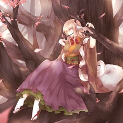  against_tree bad_id bad_pixiv_id blonde_hair dress female frilled_dress frills full_body geta horns in_tree japanese_clothes kimono long_sleeves looking_at_viewer mouth_hold nail_polish original outdoors pink_eyes pink_nails purple_skirt sandals shikkoku_neko sitting skirt socks solo tabi tree white_socks wide_sleeves 