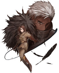  1boy absurdres boots brown_eyes brown_hair choker commentary_request covered_mouth dark_skin feathers female food_fighter_441 full_body gloves highres holding holding_whip jacket jewelry krizalid military military_uniform photoshop_(medium) short_hair the_king_of_fighters uniform whip whip_(kof) white_hair 