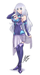  absurdres airisubaka artist_name bare_shoulders blue_eyes boots breasts cleavage commentary_request commission covered_navel detached_sleeves female full_body grey_hair highres light_persona long_hair looking_at_viewer magiquone medium_breasts neptune_(series) signature simple_background skirt solo spoilers thigh_boots thighhighs white_background 