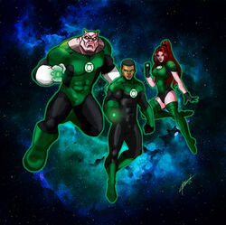  2boys alien black_hair bodysuit dark_skin dc_comics flying gloves glowing glowing_eyes green_eyes green_lantern green_lantern_(series) john_stewart kilowog laira_omoto leotard multiple_boys orange_hair ponytail ring short_hair space thighhighs 