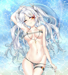  antenna_hair arm_at_side azur_lane bikini black_bikini blush breasts cleavage collarbone commentary cowboy_shot cross female flag_print from_above german_flag german_flag_bikini hair_spread_out hand_up highres iron_cross lens_flare long_hair looking_at_viewer lowleg lowleg_bikini lying multi-strapped_bikini_bottom multi-strapped_bikini_top multicolored_hair navel official_alternate_costume on_back one_eye_closed outdoors panties panty_pull parted_lips partially_submerged prinz_eugen_(azur_lane) prinz_eugen_(unfading_smile)_(azur_lane) smile streaked_hair swept_bangs swimsuit teeth thigh_gap thigh_strap two_side_up underwear water white_hair xin_(zinc) yellow_eyes 