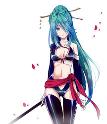  alternate_costume alternate_hairstyle aqua_eyes aqua_hair black_thighhighs breasts cleavage detached_sleeves female hatsune_miku knife_(vocaloid) long_hair medium_breasts midriff moonlight_butterfly_(module) petals project_diva_(series) project_diva_f_2nd shuri_(84k) solo thigh_gap thighhighs very_long_hair vocaloid white_background 