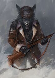  anthro belt blue_eyes bomber_jacket canid canine canis clothed clothing fate_(series) flat_cap flight_jacket gun hat headgear headwear hi_res holding_gun holding_object holding_ranged_weapon holding_weapon inner_ear_fluff jacket mammal patxi_(fate) racoonwolf ranged_weapon rifle snow solo standing topwear tuft type-moon weapon wolf yaga 