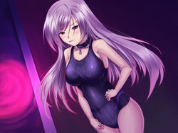  akashiya_moka collar commentary_request competition_swimsuit female inner_moka long_hair one-piece_swimsuit purple_hair red_eyes rosario+vampire ryo_(sora-ryu) swimsuit 