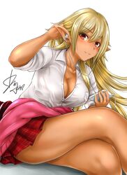  blonde_hair breasts cleavage dark_skin elf female gyaru large_breasts long_hair looking_at_viewer okumori_boy plaid_skirt pointy_ears red_eyes signature simple_background sitting smile solo sweater_around_waist thighs white_background 