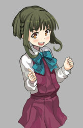  bad_id bad_nicoseiga_id blunt_bangs blush bob_cut bow bowtie brown_eyes collared_shirt female green_hair grey_background highres kantai_collection karashi_(tou_gara_shi) long_sleeves looking_at_viewer open_mouth pleated_skirt purple_skirt shirt short_hair short_hair_with_long_locks simple_background skirt solo takanami_(kancolle) upper_body wavy_mouth white_shirt 