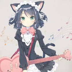  animal_ears beamed_sixteenth_notes bell black_hair blush bow cat_ears cat_girl cat_tail commentary_request curly_hair cyan_(show_by_rock!!) dress drill_hair eighth_note female green_eyes guitar heart_guitar instrument jingle_bell kani_biimu looking_at_viewer musical_note pink_bow quarter_note show_by_rock!! smile solo strawberry_heart_(show_by_rock!!) tail treble_clef 