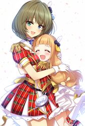  2girls across_the_stars_(idolmaster) blue_eyes brown_eyes brown_hair closed_eyes commentary_request dress epaulettes feather_hair_ornament feathers gloves green_eyes hair_ornament heterochromia highres hug ichihara_nina idolmaster idolmaster_cinderella_girls idolmaster_cinderella_girls_starlight_stage jewel_(the_black_canvas) mole mole_under_eye multiple_girls open_mouth plaid plaid_dress short_hair smile takagaki_kaede white_gloves 