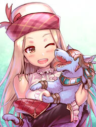  ;d absurdres animal blonde_hair brown_eyes commentary_request detached_sleeves diola_(granblue_fantasy) female granblue_fantasy hat hat_ribbon highres holding holding_animal long_hair one_eye_closed ono_misao open_mouth red_ribbon ribbon shirt sleeveless smile upper_body white_background white_shirt xolotl_(granblue_fantasy) 