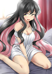  barefoot bed_sheet black_hair breasts cleavage collarbone commentary_request curtains dress female highres indoors kantai_collection kashiwamochi_(kashiwakashiwa) long_hair medium_breasts naganami_(kancolle) oerba_yun_fang open_mouth pillow pink_hair short_sleeves sidelocks sleepy solo white_dress window yellow_eyes 