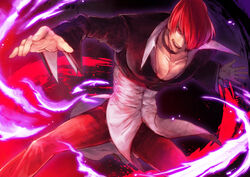  1boy absurdres choker commentary_request cropped_jacket fire food_fighter_441 grin hair_over_one_eye highres jacket male_focus pants pectoral_cleavage pectorals photoshop_(medium) purple_fire pyrokinesis red_eyes red_hair red_pants shirt smile solo the_king_of_fighters yagami_iori 