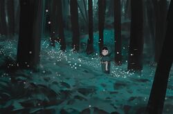  commentary dark english_commentary female fireflies forest hood hotaru_no_haka japanese_clothes looking_at_viewer nature night outdoors scenery setsuko_(hotaru_no_haka) snatti solo studio_ghibli tree 