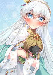  anastasia_(fate) batten blue_eyes blush cape commentary_request crossed_bangs crown doll dress dutch_angle earrings fate/grand_order fate_(series) female hair_between_eyes hairband highres holding holding_doll jewelry long_hair looking_at_viewer mini_crown photoshop_(medium) royal_robe single_earring solo very_long_hair viy_(fate) white_dress white_hair 