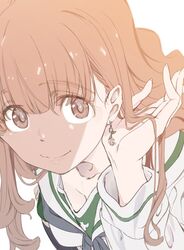  blunt_bangs breasts brown_eyes brown_hair cleavage close-up commentary_request earrings female fingernails girls_und_panzer highres jewelry long_hair long_sleeves medium_breasts ooarai_school_uniform saitou_atsushi_(kamatamanankotu) school_uniform serafuku solo takebe_saori 