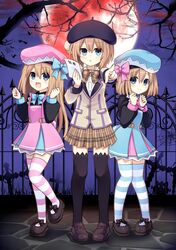  3girls :d bat_(animal) beret black_legwear blanc_(neptunia) blazer blue_bow blue_eyes bow bowtie brown_hair commentary cross dress full_body full_moon gekijigen__blanc_+_neptune_vs_zombie_gundan graveyard hairbow hands_up hat highres holding holding_paper jacket long_hair looking_at_viewer mary_janes moon multiple_girls neptune_(series) night open_mouth paper pink_bow plaid plaid_bow plaid_neckwear plaid_skirt pleated_skirt pointing pointing_at_viewer ram_(neptunia) red_moon rom_(neptunia) school_uniform shoes short_hair siblings sisters skirt smile standing standing_on_one_leg striped_clothes striped_thighhighs thighhighs tombstone twins zero_(ray_0805) 