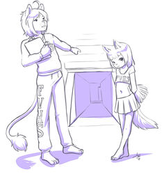  2018 age_difference anthro aogami bottomwear cheerleader clothed clothing domestic_cat duo felid feline felis female fully_clothed gesture hand_gesture larger_male lion male mammal midriff navel older_male pantherine pointing sarah_(nb) signature simple_background size_difference skirt smaller_female standing twilight_(stitchy626) white_background young young_anthro younger_female 