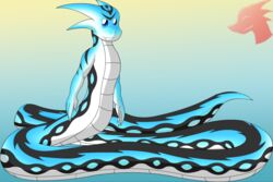  2008 apode black_body black_scales blue_body blue_eyes blue_scales cel_shading cute_fangs digital_drawing_(artwork) digital_media_(artwork) draconcopode full-length_portrait gradient_background legless male naga portrait ranger_(artist) reptile scales scalie serpentine shaded simple_background snake solo white_body white_scales 