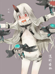  abyssal_ship akino_shuu blush character_name colored_skin commentary_request crying crying_with_eyes_open escort_princess female flat_chest grey_background hair_between_eyes horns kantai_collection long_hair open_mouth red_eyes revealing_clothes short_sleeves simple_background single_horn solo tears wavy_mouth white_hair white_skin 