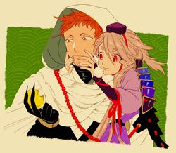  2boys :3 armor bridal_gauntlets chin_strap commentary_request grey_hair hat hood ima-no-tsurugi iwatooshi japanese_armor japanese_clothes male_focus multiple_boys orange_eyes orange_hair red_eyes seirakun3 shoulder_armor smile sode tokin_hat touken_ranbu upper_body 