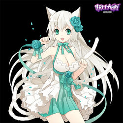  :d animal_ears bare_shoulders black_background breasts cat_ears cat_tail choker cleavage commentary_request dress female flower green_eyes grey_hair hair_flower hair_ornament large_breasts long_hair mami_(apsaras) open_mouth paw_pose ribbon ribbon_choker simple_background smile solo tail very_long_hair white_hair wrist_ribbon youjo_taisen 