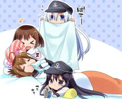  &gt;_&lt; 4girls =_= ahoge akatsuki_(kancolle) alarm_clock biting blanket blue_eyes brown_hair chibi clock closed_eyes commentary_request covering_with_blanket eighth_note flat_cap folded_ponytail futon grey_hair hair_ornament hairclip hat hibiki_(kancolle) hug ikazuchi_(kancolle) inazuma_(kancolle) kantai_collection long_hair lying multiple_girls musical_note oerba_yun_fang open_mouth pillow purple_eyes purple_hair sleeping suzune_kotora under_covers 