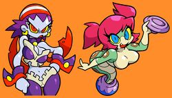  7:4 apode blue_eyes breasts cleavage clothed clothing draconcopode duo fangs female hair legless looking_at_viewer naga navel non-mammal_breasts red_eyes red_hair reptile risky_boots scalie serpentine shantae:_half-genie_hero shantae_(series) shenanimation snake teeth tuki_(shantae) wayforward wide_hips yellow_sclera 