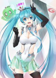  alternate_breast_size aqua_eyes aqua_hair arm_up black_thighhighs breasts cleavage commentary_request covered_navel cowboy_shot elbow_gloves female gloves goodsmile_company goodsmile_racing hatsune_miku headset highres large_breasts leotard long_hair necktie open_mouth photoshop_(medium) race_queen racing_miku racing_miku_(2013) see-through skirt solo thighhighs twintails v very_long_hair vocaloid wacchi zettai_ryouiki 