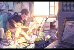  1boy acoustic_guitar ahoge akatsuka_fujio animal bag ball barefoot baseball_bat baseball_mitt beer_can belt black_hair blurry book book_stack bookmark box cable can closed_eyes clothes_hanger coat commentary_request confetti crack crossed_arms crumpled_paper crutch curtains cushion depth_of_field dobusu_(osomatsu-san) drink_can esper_nyanko feline flag flower flower_pot food formal fruit guitar heart heart_in_mouth highres hijirisawa_shonosuke hood hoodie imagawayaki indoors instrument jacket japanese_flag jewelry letterboxed long_sleeves male_focus matsuno_choromatsu matsuno_ichimatsu matsuno_jyushimatsu matsuno_karamatsu matsuno_osomatsu matsuno_todomatsu motion_blur music nashi_pear necklace on_floor one_eye_closed osomatsu-kun osomatsu-san osomatsu_(series) pants paper paper_bag pear pen pencil photo_(object) picture_frame plant playing_instrument plectrum print_shirt revision shade sheet_music shirt singing sitting soda_can suit sunglasses sunlight sweets table tape traffic_cone trash_can unworn_belt unworn_clothes unworn_eyewear wind window youji_(ymcocco) 