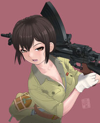  breasts brown_eyes brown_hair canteen cleavage commentary_request female from_above gloves gun highres imperial_japanese_army japan light_machine_gun looking_at_viewer looking_to_the_side medium_breasts military military_uniform original pink_background short_hair signature simple_background sino_(mechanized_gallery) sleeves_rolled_up soldier solo sweat type_96_light_machine_gun uniform upper_body weapon world_war_ii 