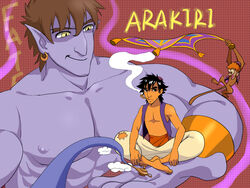  2boys abu_(aladdin) aladdin_(character) aladdin_(disney) brown_hair commentary_request crossover emiya_kiritsugu emiya_shirou fate/zero fate_(series) fez_hat fusion genie_(aladdin) hat kotomine_kirei magic_carpet mihoutao multiple_boys parody photoshop_(medium) smoking_pipe style_parody vest 