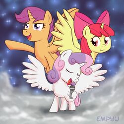  1:1 2015 accessory alicorn alternate_species apple_bloom_(mlp) bow_(feature) bow_accessory bow_ribbon centered_hair_bow cutie_mark_crusaders_(mlp) electronics empyu equid equine feathered_wings feathers female feral friendship_is_magic fur group hair hair_accessory hair_ribbon hairbow hasbro horn mammal microphone multicolored_hair my_little_pony mythological_creature mythological_equine mythology purple_eyes purple_hair red_hair ribbons scootaloo_(mlp) sweetie_belle_(mlp) two_tone_hair wings young young_feral 