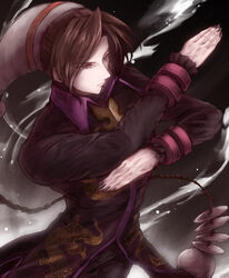  1boy absurdres braid brown_hair chinese_clothes commentary_request duo_lon food_fighter_441 highres long_hair male_focus nail_polish photoshop_(medium) red_eyes single_braid solo the_king_of_fighters very_long_hair 