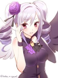  3: angel_wings commentary_request drill_hair female grey_hair idolmaster idolmaster_cinderella_girls kanzaki_ranko long_hair ookami_maito red_eyes rosenburg_engel_(idolmaster) solo twin_drills twintails wings 