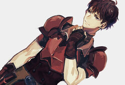  1boy armor bad_id bad_pixiv_id fingerless_gloves fire_emblem fire_emblem_echoes:_shadows_of_valentia gloves grey_background ioko_(10k0) lukas_(fire_emblem) male_focus red_eyes red_hair simple_background solo upper_body 