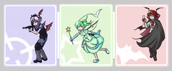  3girls :d :o ;) alcohol alternate_costume arm_up ascot assault_rifle bat_(animal) bat_wings blue_background blue_eyes boots border bow breasts bulletproof_vest cape commentary_request crosshair cup cupping_glass daiyousei dress drinking_glass elbow_gloves fairy_wings feathers gloves goggles green_background green_dress green_hair gun hairbow hat head_wings horns knee_pads koakuma light_smile long_sleeves low_wings magical_girl medium_breasts military_operator multicolored_hair multiple_girls night_vision_device oerba_yun_fang one_eye_closed open_mouth outstretched_arms pants purple_hair red_background red_hair red_wine red_wings rifle shaded_face shirt shoes short_hair short_sleeves side_ponytail single_head_wing single_wing smile spread_arms standing standing_on_one_leg star_(symbol) tokiko_(touhou) touhou tren two-tone_hair wand weapon white_hair white_shirt wine wine_glass wings 