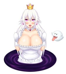  :d blush boo breasts brooch cleavage collarbone commentary crown dress earrings english_commentary eyebrows_visible_through_hair frilled_dress frilled_gloves frills ghost_pose gloves hair_between_eyes hands_up highres huge_breasts jewelry keshigomu long_hair looking_at_viewer luigi&#039;s_mansion mario_(series) new_super_mario_bros._u_deluxe open_mouth princess_king_boo purple_eyes sharp_teeth simple_background smile super_crown teeth tongue tongue_out white_background white_dress white_gloves white_hair 