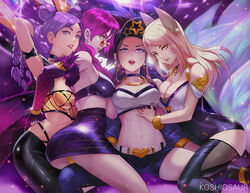  4girls ahri_(league_of_legends) akali animal_ears artist_name asymmetrical_legwear bad_id bad_pixiv_id bangle bare_shoulders baseball_cap belt black_thighhighs blonde_hair bracelet braid breasts brown_hair choker cleavage commentary detached_sleeves double_bun evelynn_(league_of_legends) facial_mark fox_ears fox_tail fur_trim hair_bun hat heart heart_choker high-waist_skirt idol jewelry k/da_(league_of_legends) k/da_ahri k/da_akali k/da_evelynn k/da_kai&#039;sa kai&#039;sa koshio large_breasts league_of_legends licking_lips lipstick looking_at_viewer looking_over_eyewear makeup medium_breasts midriff multiple_girls naughty_face navel panties parted_lips photoshop_(medium) ponytail purple_eyes purple_hair red-tinted_eyewear skirt smile spread_legs sunglasses tail thighhighs tinted_eyewear tongue tongue_out twin_braids underwear uneven_legwear whisker_markings yellow_eyes yellow_panties 