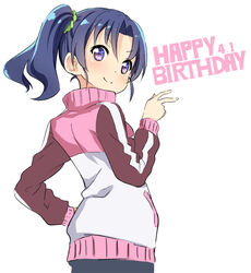  abe_kanari blue_hair commentary_request female hand_on_own_hip happy_birthday high_school_fleet jacket looking_at_viewer photoshop_(medium) purple_eyes short_hair side_ponytail smile solo track_jacket v wazumi_hime 