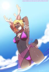  2015 anthro antlers beach bikini blonde_hair breasts brown_body brown_fur camel_toe chest_tuft cleavage clothed clothing cloud deer detailed_background digital_media_(artwork) ear_piercing female fur hair hi_res horn legs_in_water mammal midriff navel new_world_deer outside partially_submerged pattern_bikini pattern_clothing pattern_swimwear piercing reindeer roxy_walters sea seaside shaded skimpy sky solo striped_bikini striped_clothing striped_swimwear stripes submerged_legs swimwear tokifuji tuft under_boob water wet yellow_eyes 