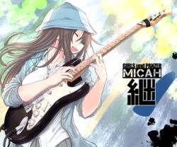  bad_id bad_pixiv_id blue_hat blush brown_hair casual closed_eyes commentary_request electric_guitar female girls_und_panzer guitar hair_between_eyes hat highres instrument jacket long_hair long_sleeves makabe_gorou md5_mismatch mika_(girls_und_panzer) music open_mouth playing_instrument pleated_skirt school_uniform shirt skirt smile solo translated tulip_hat white_shirt 