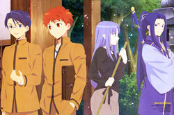  3boys absurdres bag black_shirt blue_eyes blue_hair blue_kimono braid breasts broom brown_bag brown_jacket brown_pants brown_skirt bush company_name emiya-san_chi_no_kyou_no_gohan emiya_shirou fate_(series) female glasses highres holding holding_broom homurahara_academy_school_uniform jacket japanese_clothes kimono kito_hiroko light_purple_hair looking_at_another magazine_request matsuyama_shizuka medea_(fate) medium_breasts monohoshizao multiple_boys official_art open_mouth orange_eyes orange_hair outdoors pants petals pointy_ears ponytail purple_eyes raglan_sleeves ryuudou_issei sasaki_kojirou_(fate) scan school_uniform semi-rimless_eyewear shimabukuro_ricardo shirt single_braid skirt smile sword talking tree ushio_yurie weapon white_shirt 