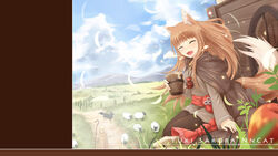  2girls animal_ears apple artist_name blonde_hair blush brown_hair canine cape cloud cloudy_sky commentary_request cup day drink enekk food fruit grass ground_vehicle highres holo jewelry long_hair mountain multiple_girls necklace nncat nora_arento oerba_yun_fang open_mouth outdoors photoshop_(medium) pouch road sash sheep shepherd sky smile spice_and_wolf staff sunlight tail wagon wind wolf_ears wolf_girl wolf_tail 