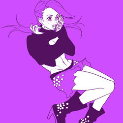  boots commentary_request crop_top female freckles frog genderswap_(mtf) ginmu jojo_no_kimyou_na_bouken midriff miniskirt photoshop_(medium) ponytail rule_63 skirt solo sweater torn_clothes torn_skirt vento_aureo vinegar_doppio 