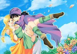  1boy :d bianca_(dq5) black_hair blonde_hair blue_eyes blush boots bracelet braid breasts cape carrying choker cleavage commentary_request couple defense_zero dragon_quest dragon_quest_v dress earrings female flower grey_eyes hero_(dq5) jewelry long_hair medium_breasts open_mouth princess_carry ring single_braid smile straight turban 