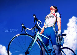  ! 1boy arakita_yasutomo arkray arms_at_sides bianchi_(company) bicycle bike_shorts black_hair blue_sky blue_theme bottle clothes_writing cloud commentary_request cycling_uniform dated day english_text fingerless_gloves from_below gloves happy_birthday helmet holding holding_helmet legs_apart looking_up male_focus outdoors short_sleeves sky solo sportswear standing summer sweat unworn_headwear unworn_helmet unzipped wet wet_hair yowamushi_pedal 